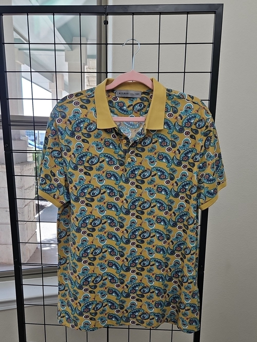 Etro Yellow Polo Shirt with Blue Paisley Pattern Beautiful Designer Polo 3XL